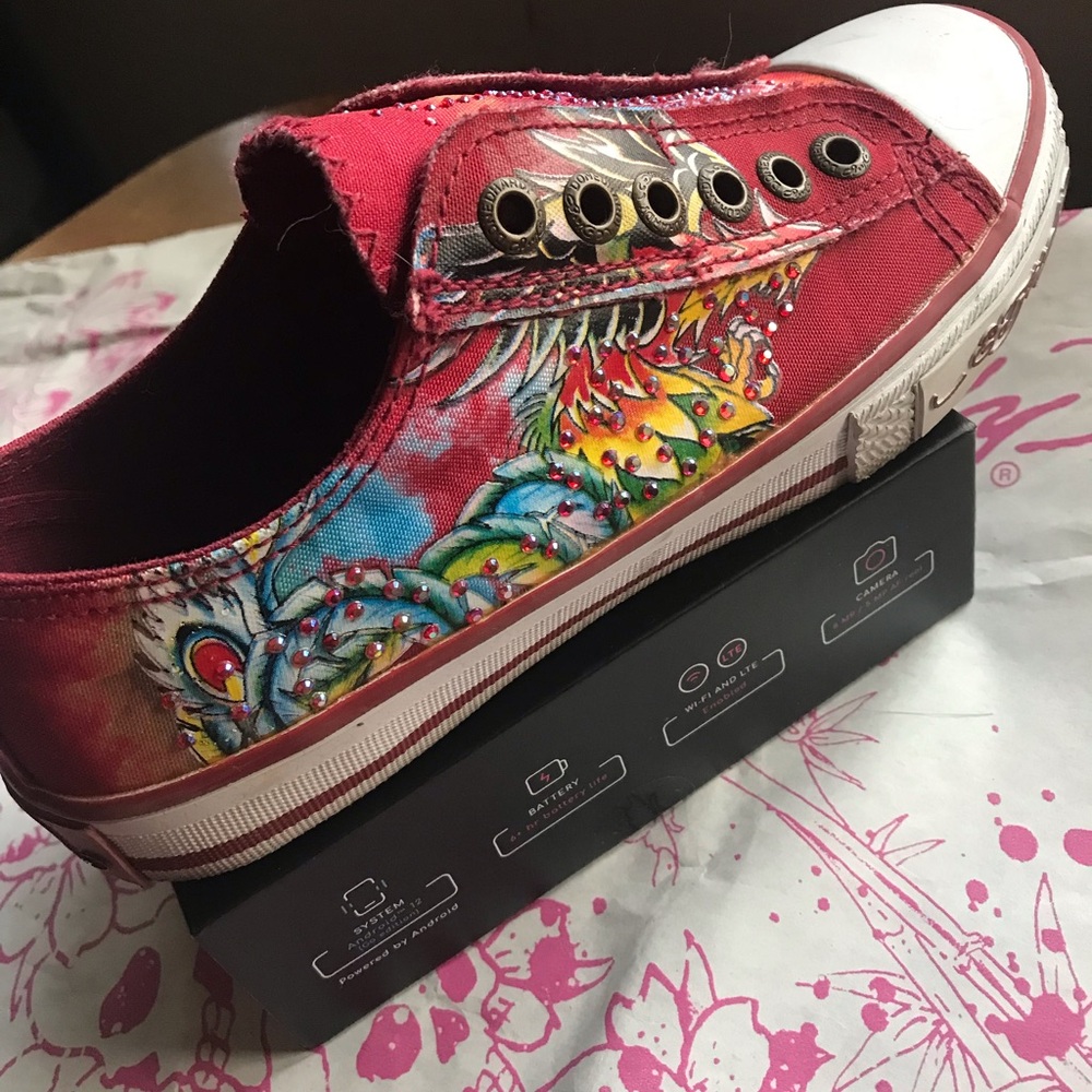 Ed Hardy Red Multicolor Women Canvas Sneakers